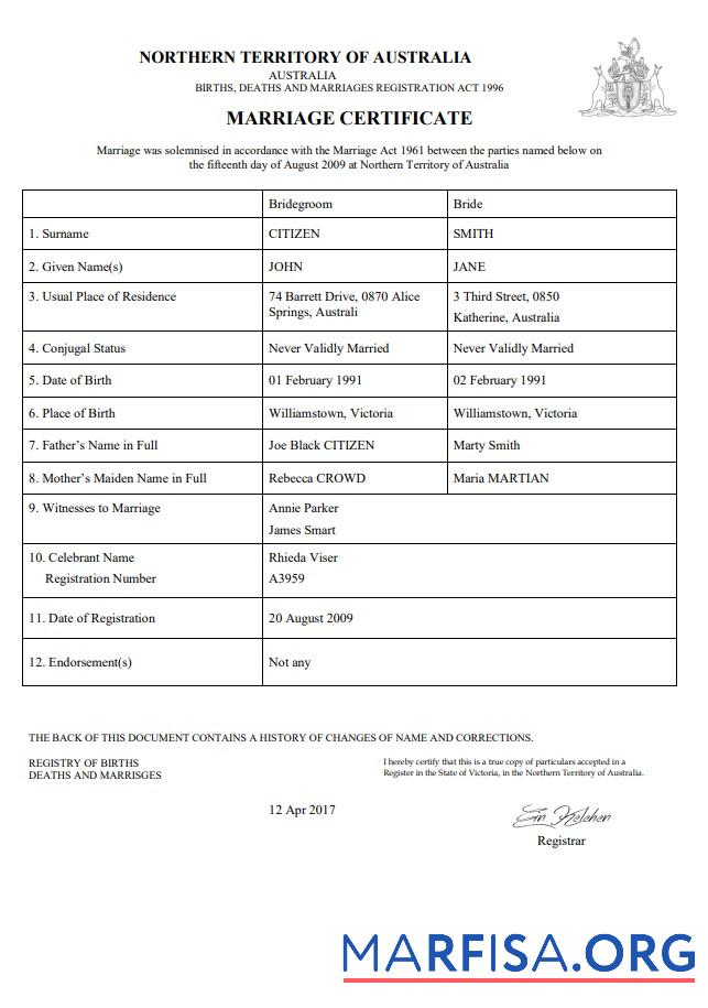 Realistic Australia Northern Territory of Australia marriage certificate template in Word
